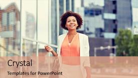 Presentation with african american in business - Cool new PPT layouts with building handbag - business and people concept backdrop and a coral colored foreground
