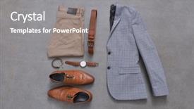  Presentation with accessories - Colorful presentation design enhanced with designer handbag - set of men's fashionable clothes backdrop and a gray colored foreground