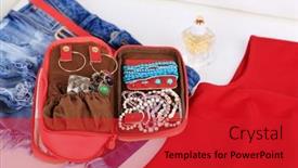  Presentation with clothes - Amazing PPT theme having handbag-with-accessorises-female-clothes backdrop and a red colored foreground