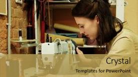  Presentation with sewing process close up - Audience pleasing presentation consisting of handbags - closeup on woman sewing leather backdrop and a yellow colored foreground