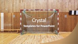  Presentation with handball - Slide deck with handball - soccer goalpost in old gym background and a tawny brown colored foreground