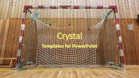  Presentation with soccer - PPT theme featuring handball game - soccer goalpost in old gymhall background and a tawny brown colored foreground