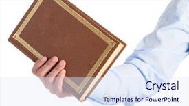  Presentation with trophy award hand holding - Amazing PPT theme having handbook - close-up of hand holding backdrop and a sky blue colored foreground