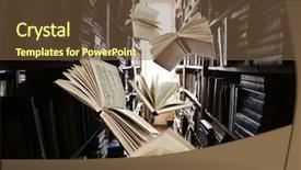  Presentation with library - Amazing slide deck having handbook - flying books on library bookshelves backdrop and a tawny brown colored foreground