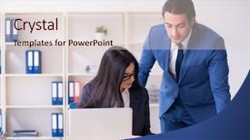  Presentation with employees - Beautiful PPT theme featuring handbook - two employees working backdrop and a lemonade colored foreground