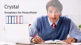  Presentation with employee - Presentation theme having handbook - young handsome employee working background and a sky blue colored foreground