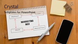  Presentation with desk - PPT theme having handbook showing marketing mix background and a coral colored foreground