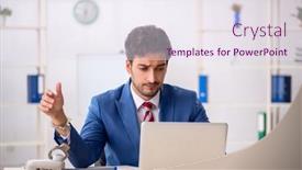  Presentation with handcuffed - PPT theme consisting of handcuffed-young-male-employee-sitting background and a sky blue colored foreground