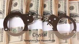  Presentation with packs - PPT layouts with handcuffs on the packs of dollars on wooden table close-up background and a coral colored foreground