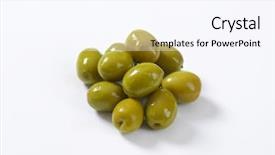  Presentation with shades of olive green - PPT theme featuring handful of pickled green olives background and a sky blue colored foreground