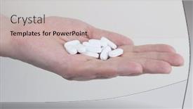  Presentation with hand palm - Slide set with handful-of-white-round-pills background and a soft green colored foreground