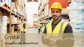  Presentation with worker - Cool new presentation theme with handheld in a large warehouse backdrop and a coral colored foreground