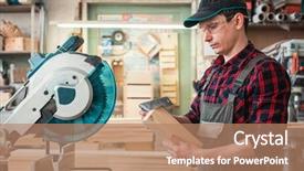  Presentation with welder worker welding and cutting - Amazing PPT theme having handi craft - carpenter worker cutting wooden board backdrop and a coral colored foreground