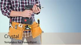  Presentation with charging gun man hands charging - Cool new slides with handi craft - mid section of handy man backdrop and a yellow colored foreground