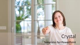  Presentation with handicap - Colorful presentation design enhanced with handicap - down syndrome woman at home backdrop and a lemonade colored foreground