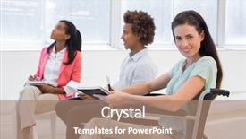  Presentation with handicap - Audience pleasing slide set consisting of handicap 3 - attractive businesswoman in wheelchair smiling backdrop and a coral colored foreground