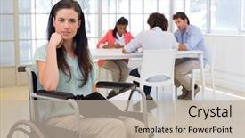  Presentation with work the word in your life - Presentation design with handicap 3 - attractive disabled businesswoman at work background and a mint green colored foreground