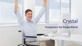  Presentation with handicap - Amazing PPT theme having handicap 3 - casual businessman in wheelchair cheering backdrop and a  colored foreground
