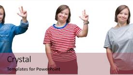  Presentation with top and down features of internet - Theme featuring handicap 3 - collage of down sydrome woman background and a red colored foreground