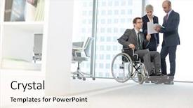  Presentation with historic documents - Colorful slide set enhanced with handicap 3 - disabled businessman discussing over documents backdrop and a cream colored foreground