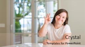  Presentation with down syndrome children disability school - Cool new slide deck with handicap 3 - down syndrome woman at home backdrop and a  colored foreground