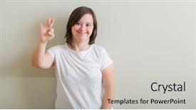  Presentation with down syndrome special education - PPT layouts enhanced with handicap 3 - down syndrome woman standing background and a  colored foreground