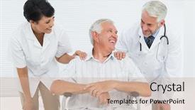  Presentation with doctor patient relations - Presentation design with handicap 3 - happy senior patient with doctors background and a soft green colored foreground