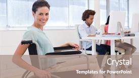  Presentation with handicap - Cool new PPT theme with handicap 3 - smiling businesswoman with disabilitity backdrop and a coral colored foreground