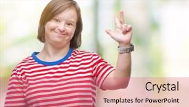  Presentation with down syndrome children disability school - Slide set enhanced with handicap 3 - young adult woman with down background and a coral colored foreground
