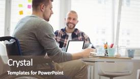  Presentation with handicap - Amazing PPT layouts having handicap businessman sitting with colleague backdrop and a tawny brown colored foreground