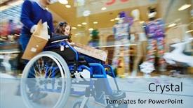  Presentation with retail shopping center - Colorful presentation design enhanced with handicap children - man pushing wheelchair with daughter backdrop and a light blue colored foreground