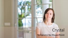  Presentation with down syndrome - PPT theme consisting of handicap people - down syndrome woman at home background and a soft green colored foreground
