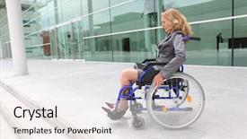  Presentation with wheelchair - Presentation theme featuring handicap people - woman in a wheelchair outside background and a sky blue colored foreground