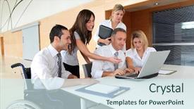  Presentation with handicap - Presentation theme with handicap wheelchair - group of office workers background and a  colored foreground