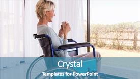  Presentation with coffee - Colorful presentation design enhanced with handicapped senior woman drinking coffee at home backdrop and a teal colored foreground