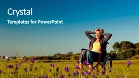  Presentation with wheelchair - Amazing theme having handicapped woman on a wheelchair over a green meadow backdrop and a ocean colored foreground