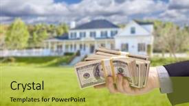  Presentation with new home - PPT theme consisting of handing over cash for house background and a yellow colored foreground