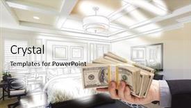  Presentation with stack - Colorful slide set enhanced with handing over stack of money backdrop and a sky blue colored foreground