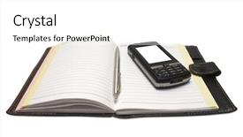  Presentation with notebook - Slides enhanced with handle and mobile phone lying on notebook isolated on white background background and a white colored foreground