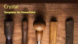  Presentation with well - Amazing slide deck having handles of old and well used tools aligned on an old work bench each handle is of a different shape backdrop and a tawny brown colored foreground