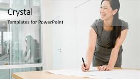  Presentation with architect - PPT layouts consisting of handling contract - smiling female architect background and a light gray colored foreground