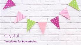  Presentation with white brick wall - Colorful PPT layouts enhanced with baby shower design elements - handmade colorful garland on white backdrop and a sky blue colored foreground