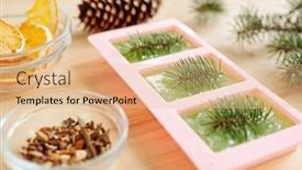  Presentation with molds - Colorful presentation theme enhanced with handmade green soap with conifer in silicone molds surrounded by aromatic ingredients in glassware backdrop and a coral colored foreground