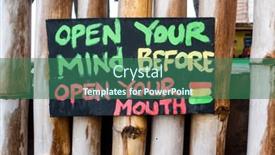  Presentation with open mind - PPT layouts with handmade painted sign reads open your mind before open your mouth background and a ocean colored foreground