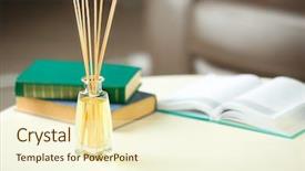  Presentation with tan book stack stacks of books - Beautiful slide deck featuring live bamboos - handmade reed freshener with books backdrop and a cream colored foreground