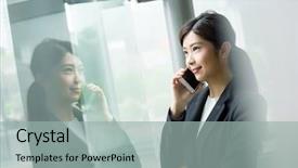  Presentation with ted talk - Colorful presentation enhanced with handphone - businesswoman talk to cellphone backdrop and a light gray colored foreground