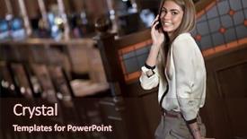  Presentation with cell - Cool new PPT theme with handphone - cheerful young woman talking backdrop and a wine colored foreground
