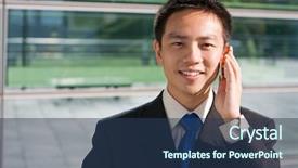  Presentation with asian nurse helps a man - Beautiful PPT theme featuring handphone - good looking asian business man backdrop and a  colored foreground
