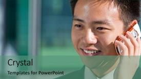  Presentation with good - Slides with handphone - good looking asian business man background and a ocean colored foreground