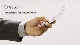  Presentation with hand holding puzzle piece - Colorful PPT theme enhanced with handphone - man holding a hand phone backdrop and a  colored foreground